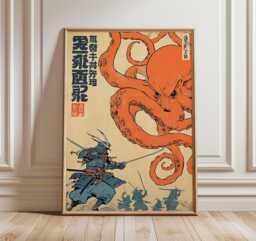 Samurai & Octopus Wall Art, Japanese Battle Poster, Ukiyo-E Inspired Print, Bold Blue Orange Decor, Warrior Illustration Artwork - thumbnail 1