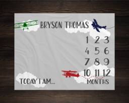 Airplane Milestone Blanket Monthly Growth Tracker Aircraft Soft Fleece Baby Shower Gift Newborn Watch Me Grow Boy - thumbnail 1