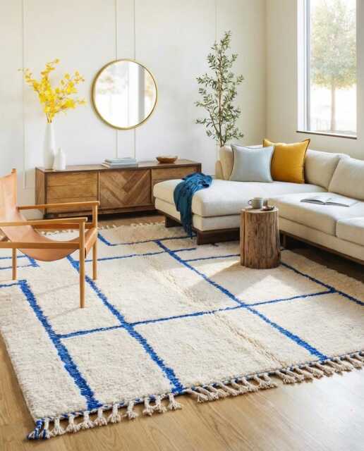 Blue Grid Pattern Beni Ourain Moroccan Rug, Handmade Wool Berber Shag Large Area Rug - image 1