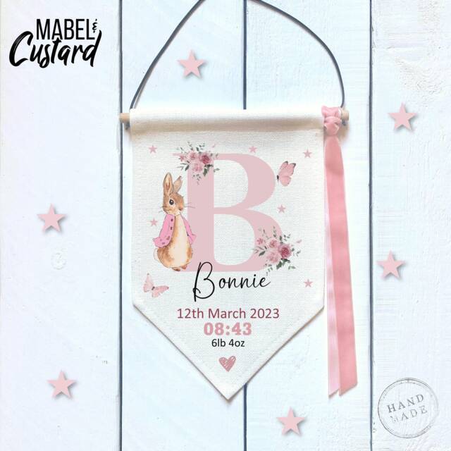 Personalised Peter Rabbit New Baby Gift - Birth Announcement New Baby Gift Nursery Flag Decor Girl - image 1