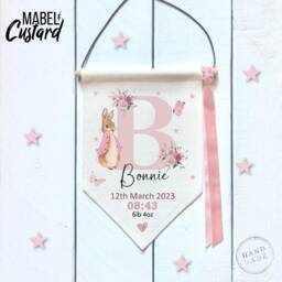 Personalised Peter Rabbit New Baby Gift - Birth Announcement New Baby Gift Nursery Flag Decor Girl - thumbnail 1