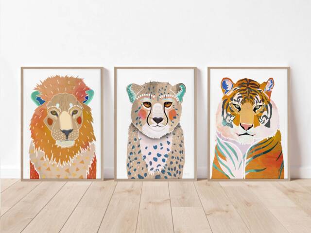 African Animal Print Set Of 3, Nursery Wall Decor, Safari Art, Living Room Kids Cheetah, Tiger, Lion - image 1