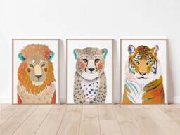 African Animal Print Set Of 3, Nursery Wall Decor, Safari Art, Living Room Kids Cheetah, Tiger, Lion - thumbnail 1