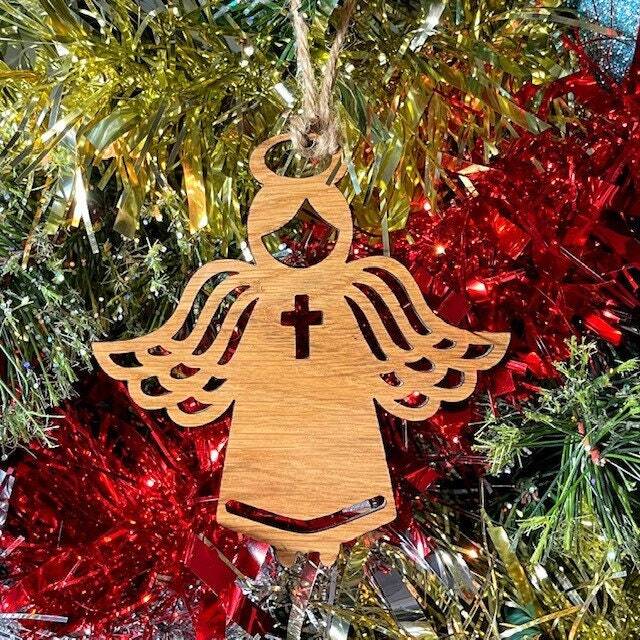 Wooden Religious Angel Christmas Tree Decoration - Beautiful Xmas Ornament in Oak, Walnut Cherry Wood Or Silver, Gold, Red, Green Glitter - image 1