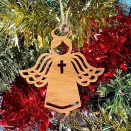 Wooden Religious Angel Christmas Tree Decoration - Beautiful Xmas Ornament in Oak, Walnut Cherry Wood Or Silver, Gold, Red, Green Glitter