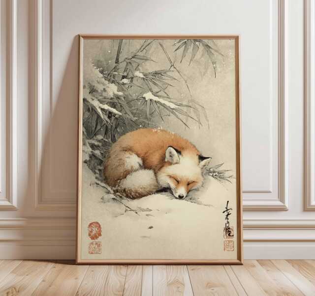 Japanese Fox Art Print, Winter Animal Poster, Tranquil Nature Wall Art, Oriental Ink Painting, Zen Home Decor, Snow Landscape Artwork - image 1