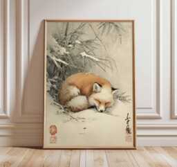 Japanese Fox Art Print, Winter Animal Poster, Tranquil Nature Wall Art, Oriental Ink Painting, Zen Home Decor, Snow Landscape Artwork - thumbnail 1