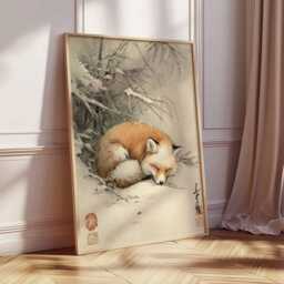 Japanese Fox Art Print, Winter Animal Poster, Tranquil Nature Wall Art, Oriental Ink Painting, Zen Home Decor, Snow Landscape Artwork - thumbnail 2