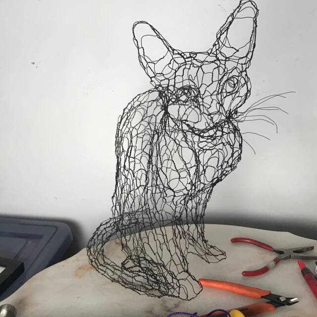 Wire Sculpture Cat Life Size 3D Kitty By Elizabeth Berrien, Internationally Acclaimed Wire Sculptor - image 1