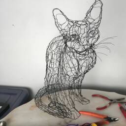 Wire Sculpture Cat Life Size 3D Kitty By Elizabeth Berrien, Internationally Acclaimed Wire Sculptor - thumbnail 1