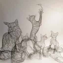 Wire Sculpture Cat Life Size 3D Kitty By Elizabeth Berrien, Internationally Acclaimed Wire Sculptor - thumbnail 3