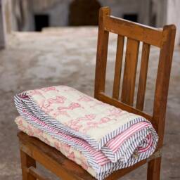 Handmade Block Print Baby Quilt Red & Cream Stripes, Personalized Cotton Blanket - thumbnail 2