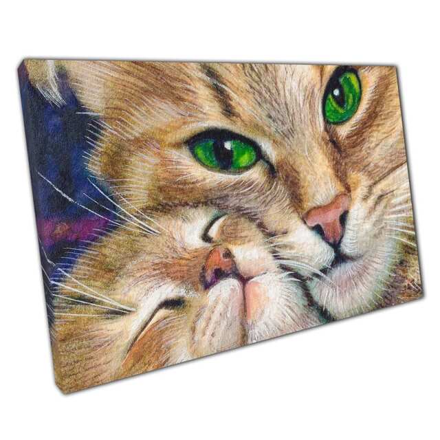 Adorable Feline Family Cuddle Detailed Cat & Kitten Painting Canvas Print For Home Decor - image 1