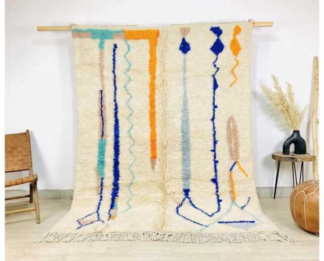 Moroccan Ivory Berber Rug, Handwoven Wool Shag Rug With Abstract Lines, Authentic Beni Ourain Style Carpet, Large 9x12 Area - image 1