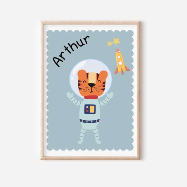 Boys Personalised Space Themed Tiger Astronaut Wall Print For Bedroom Or Nursery - image 1