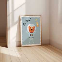 Boys Personalised Space Themed Tiger Astronaut Wall Print For Bedroom Or Nursery - thumbnail 3