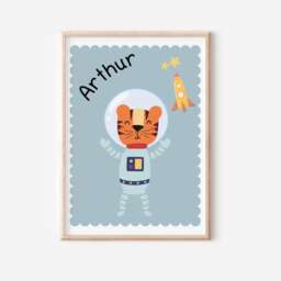 Boys Personalised Space Themed Tiger Astronaut Wall Print For Bedroom Or Nursery - thumbnail 1