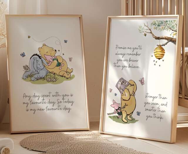 2x Winnie The Pooh Nursery Prints, Wall Art, Bear Baby Child Kids Decor, Room Eeyore & Piglet Posters - image 1