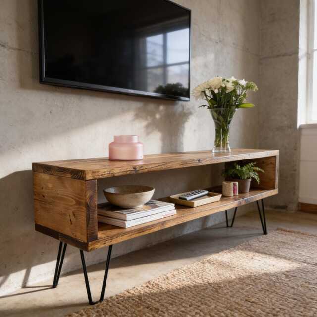 Rustic Tv Unit With Industrial Hairpin Legs Handmade Chunky Wood Cabinet - image 1