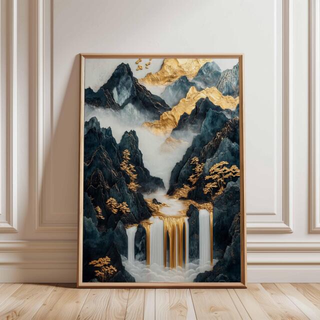 Gold Waterfall Poster, Luxury Oriental Landscape Print, Dark Mountain Wall Art - image 1