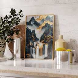 Gold Waterfall Poster, Luxury Oriental Landscape Print, Dark Mountain Wall Art - thumbnail 3