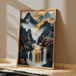 Gold Waterfall Poster, Luxury Oriental Landscape Print, Dark Mountain Wall Art - thumbnail 2