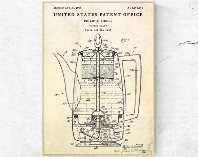 Coffee Maker 1958 Patent Print. Barista Poster. Lover Gift. Office Kitchen Vintage Wall Art. Bar Decor - image 1