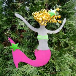 Upcycled Metal Mermaid Christmas Tree Topper Pink & Green Nautical Decor - thumbnail 2