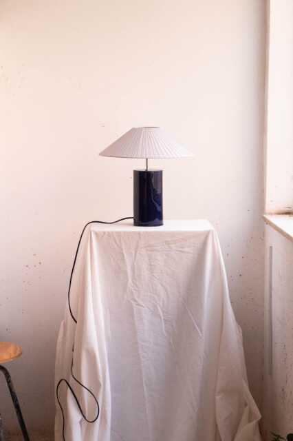 Handmade Ceramic Table Lamp, A Lighting & Decorative Object. Bright Blue Base Light Gray Ribbon Shade - image 1