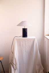 Handmade Ceramic Table Lamp, A Lighting & Decorative Object. Bright Blue Base Light Gray Ribbon Shade - thumbnail 1