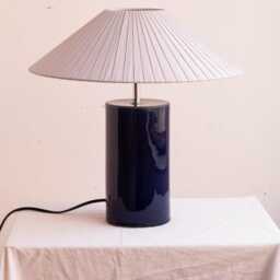 Handmade Ceramic Table Lamp, A Lighting & Decorative Object. Bright Blue Base Light Gray Ribbon Shade - thumbnail 2