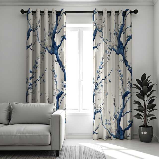 Blue Tree Branch Curtains, Painted Floral Art Chinoiserie Style Drapes, Modern Botanical Decor For Living Rooms - image 1