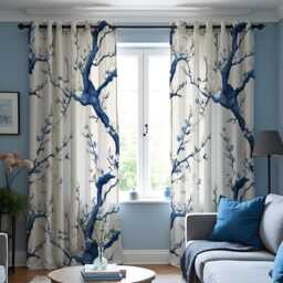 Blue Tree Branch Curtains, Painted Floral Art Chinoiserie Style Drapes, Modern Botanical Decor For Living Rooms - thumbnail 3