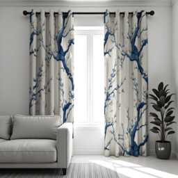 Blue Tree Branch Curtains, Painted Floral Art Chinoiserie Style Drapes, Modern Botanical Decor For Living Rooms - thumbnail 1