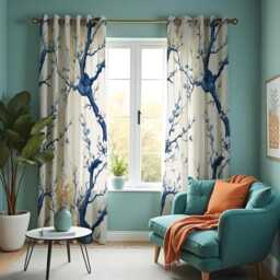 Blue Tree Branch Curtains, Painted Floral Art Chinoiserie Style Drapes, Modern Botanical Decor For Living Rooms - thumbnail 4