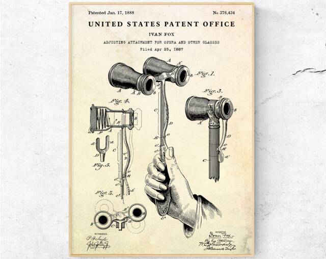 1888 Opera Glasses Patent Print Theatrical Invention Blueprint Poster, Vintage Wall Art - image 1