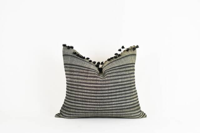 Chandler - Grey Charcoal Silk Pillow With Navy Stripes & Poms - image 1