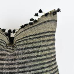 Chandler - Grey Charcoal Silk Pillow With Navy Stripes & Poms - thumbnail 4