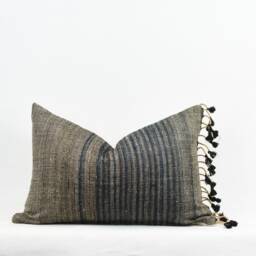 Chandler - Grey Charcoal Silk Pillow With Navy Stripes & Poms - thumbnail 2
