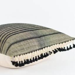 Chandler - Grey Charcoal Silk Pillow With Navy Stripes & Poms - thumbnail 3