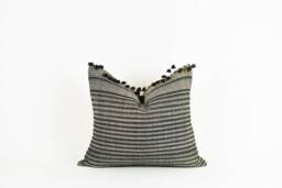 Chandler - Grey Charcoal Silk Pillow With Navy Stripes & Poms - thumbnail 1