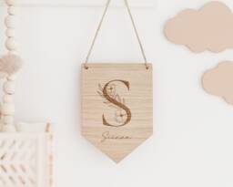 Nursery Decor - Wooden Flag Baby Name Initial Pennant Childrens Bedroom Playroom Neutral - thumbnail 1