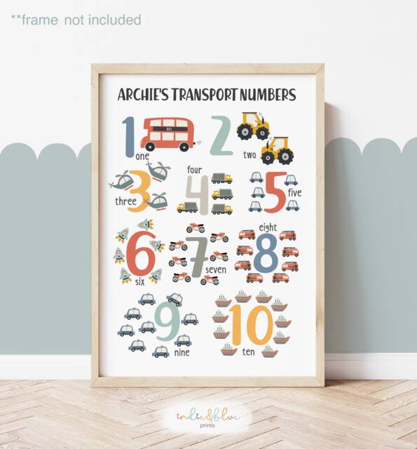 Personalised Scandi Cars Numbers Print, Transport Vehicles Educational Poster, Boy Nursery Decor, Playroom Prints - image 1