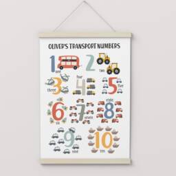 Personalised Scandi Cars Numbers Print, Transport Vehicles Educational Poster, Boy Nursery Decor, Playroom Prints - thumbnail 3