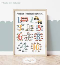 Personalised Scandi Cars Numbers Print, Transport Vehicles Educational Poster, Boy Nursery Decor, Playroom Prints - thumbnail 1