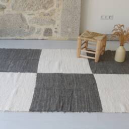 Large Handwoven Dark Green Rug, Checkered Area Unique Living Room Farmhouse Decor, Portuguese Eco Friendly Rug - thumbnail 2