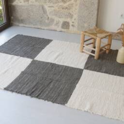 Large Handwoven Dark Green Rug, Checkered Area Unique Living Room Farmhouse Decor, Portuguese Eco Friendly Rug - thumbnail 3