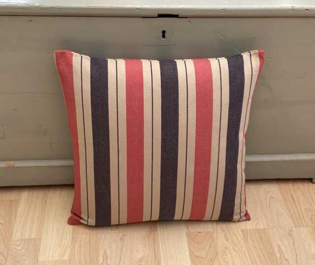 Handmade Double Sided Linen Rustic Country Farmhouse Red, Navy & Beige Stripe Throw Pillow Sham Cushion Cover - image 1