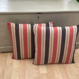 Handmade Double Sided Linen Rustic Country Farmhouse Red, Navy & Beige Stripe Throw Pillow Sham Cushion Cover - thumbnail 3