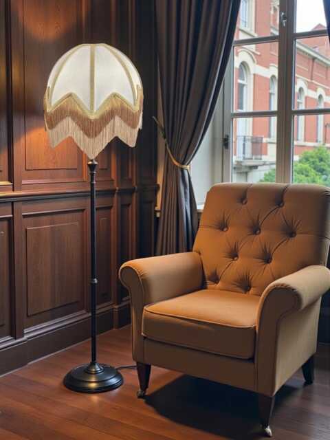 Handmade Art Deco Lamp Shades Cream Fabric With Gold Fringe, Bespoke British Made - image 1